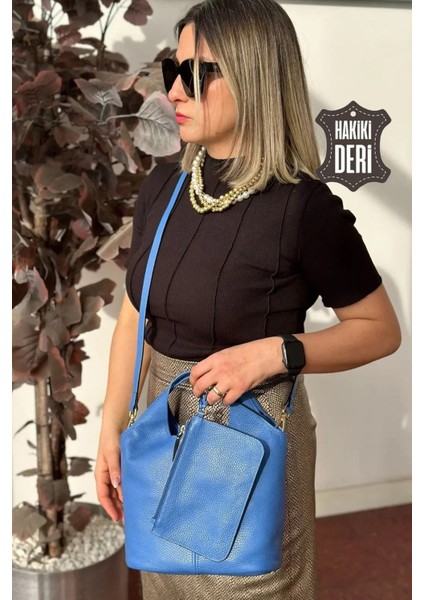 Hakiki Deri Kadın El Çantası Mavi SMR9200 fiyatları