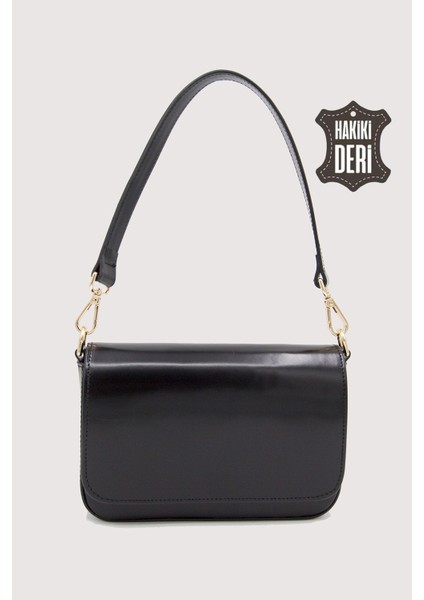 Hakiki Deri Rugan Kadın Kol Çantası Siyah SMR9375