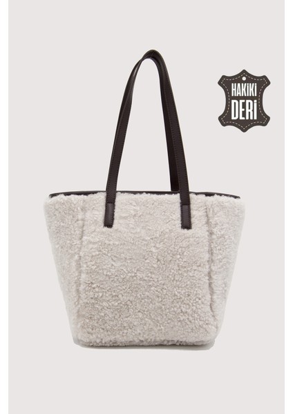 Hakiki Deri Kürklü Kadın El Çantası Beyaz SMR9152