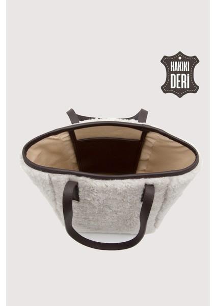 Hakiki Deri Kürklü Kadın El Çantası Beyaz SMR9152 fırsatları