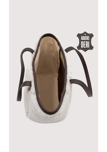 Hakiki Deri Kürklü Kadın El Çantası Beyaz SMR9152 indirimleri