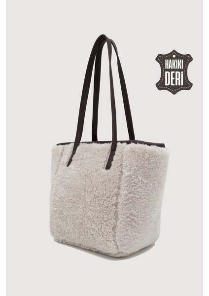Hakiki Deri Kürklü Kadın El Çantası Beyaz SMR9152