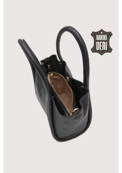 Hakiki Deri Kadın Organizerlı El Çantası Siyah SMR9206
