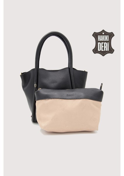 Hakiki Deri Kadın Organizerlı El Çantası Siyah SMR9206