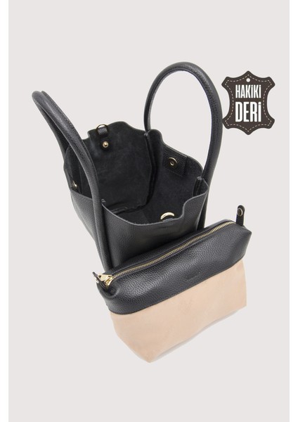 Hakiki Deri Kadın Organizerlı El Çantası Siyah SMR9206