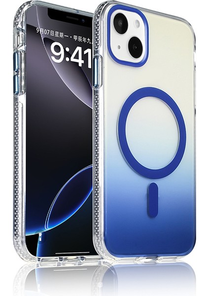 iPhone 15 Kılıf M-Safe Şarj Özellikli Transparan Renk Geçişli Mkst Toros Kapak - Mavi