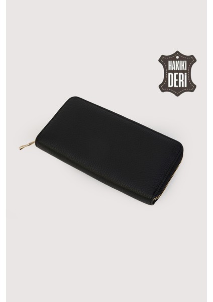 Hakiki Deri Kadın Büyük Boy Fermuarlı Cüzdan Siyah SMR5108