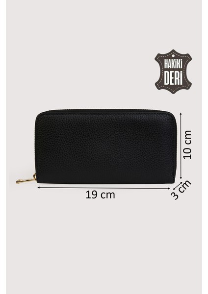 Hakiki Deri Kadın Büyük Boy Fermuarlı Cüzdan Siyah SMR5108 fiyatları