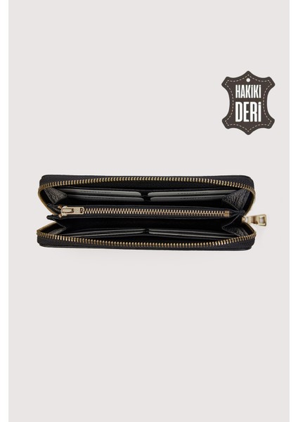 Hakiki Deri Kadın Büyük Boy Fermuarlı Cüzdan Siyah SMR5108 modelleri