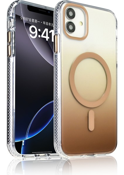 iPhone 11 Kılıf M-Safe Şarj Özellikli Transparan Renk Geçişli Mkst Toros Kapak - Gold