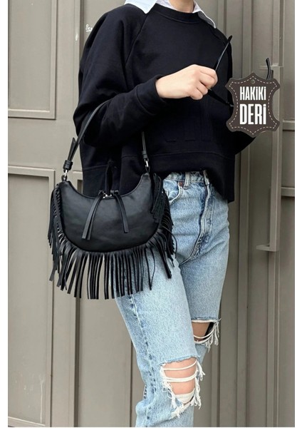 Hakiki Deri Kadın Püsküllü El Çantası Siyah SMR8927