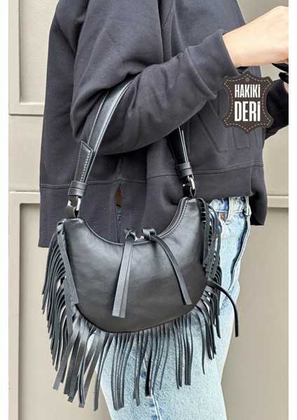 Hakiki Deri Kadın Püsküllü El Çantası Siyah SMR8927 fiyatları