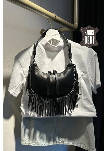 Hakiki Deri Kadın Püsküllü El Çantası Siyah SMR8927 modelleri