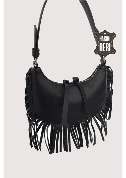 Hakiki Deri Kadın Püsküllü El Çantası Siyah SMR8927 fırsatları