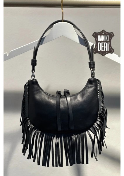 Hakiki Deri Kadın Püsküllü El Çantası Siyah SMR8927 indirimleri