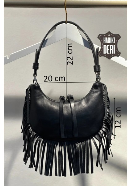 Hakiki Deri Kadın Püsküllü El Çantası Siyah SMR8927