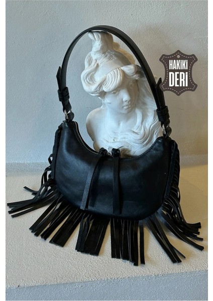 Hakiki Deri Kadın Püsküllü El Çantası Siyah SMR8927
