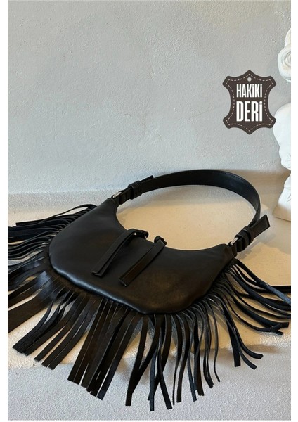 Hakiki Deri Kadın Püsküllü El Çantası Siyah SMR8927