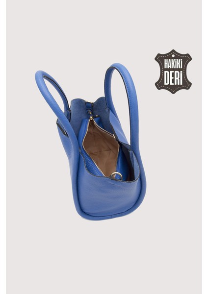 Hakiki Deri Kadın Organizerlı El Çantası Mavi SMR9206