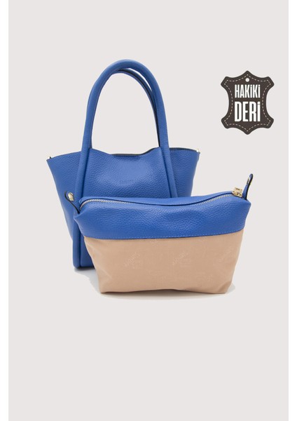 Hakiki Deri Kadın Organizerlı El Çantası Mavi SMR9206