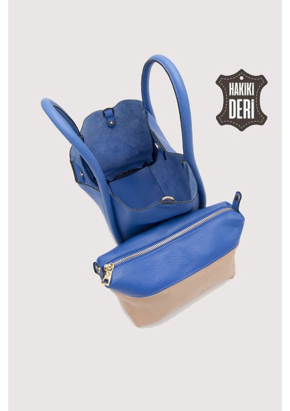 Hakiki Deri Kadın Organizerlı El Çantası Mavi SMR9206
