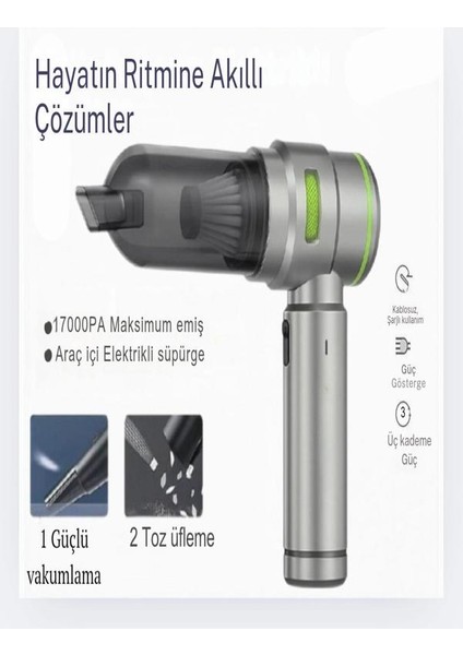 17000PA Güçlü Vakum & Üfleme - Kablosuz Taşınabilir Araç Içi Çok Amaçlı El Süpürgesi