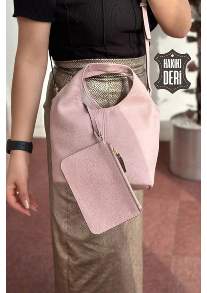 Hakiki Deri Kadın El Çantası Pudra SMR9200