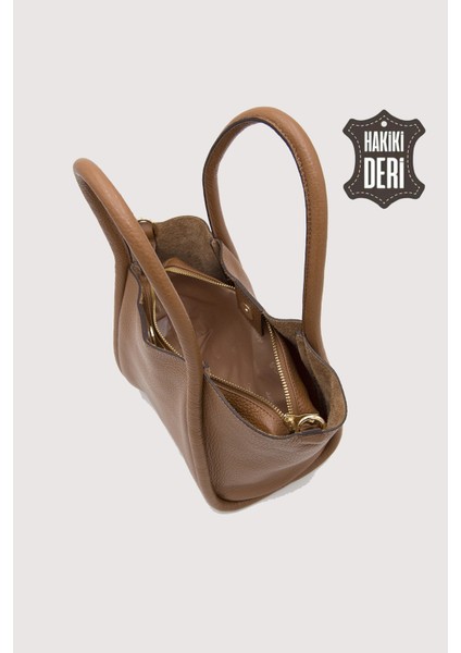 Hakiki Deri Kadın Organizerlı El Çantası Taba SMR9206