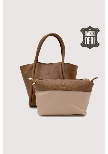 Hakiki Deri Kadın Organizerlı El Çantası Taba SMR9206