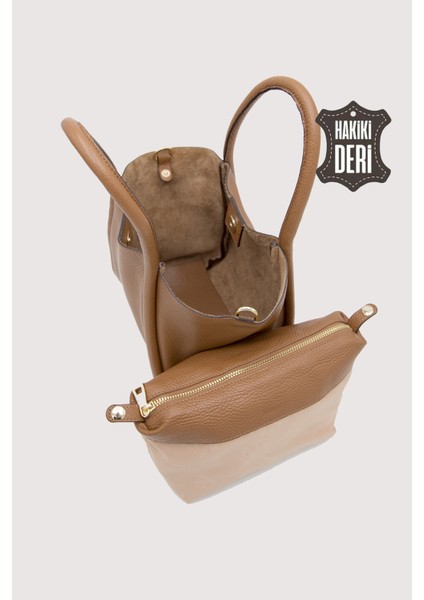 Hakiki Deri Kadın Organizerlı El Çantası Taba SMR9206