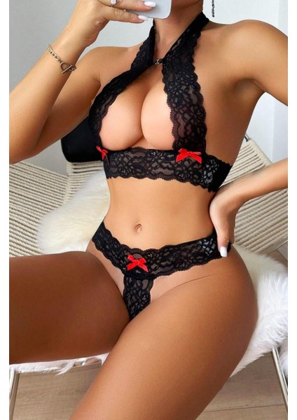 La Vıor Siyah Dantel Şeritli Seksi Sütyen Külot Takım