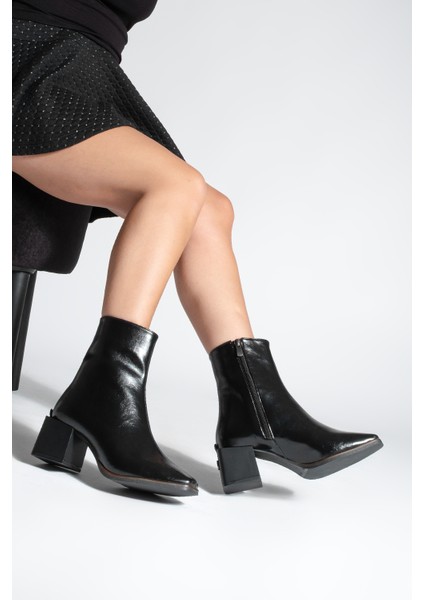 Kadın Topuklu Bot&Bootie Küt Burun Ahşap Desen Ökçe Fermuarlı Günlük Klasik Bot Noyes Siyah fırsatları