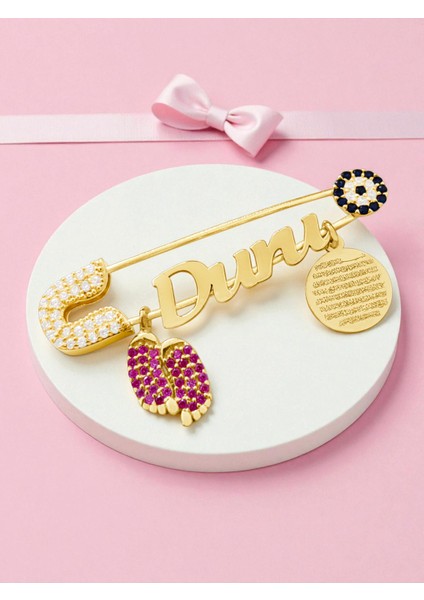 Isimli Kız Bebek Iğnesi 925 Ayar Gümüş Ayetel Kürsi Dualı Bebek Yaka Iğnesi, Maşallah Bebek Iğnesi Altın Kaplama