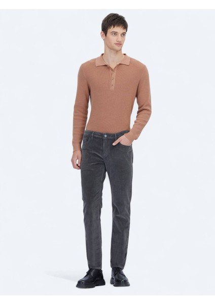 Gri Fitilli Dokuma Slim Fit Kadife Casual Pamuk Karışımlı Pantolon