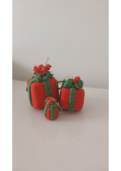 Amigurumi Noel Ağacı Süsü Dekoratif Hediye Paketi Desenli 3lü Örgü Dekoratif Süs