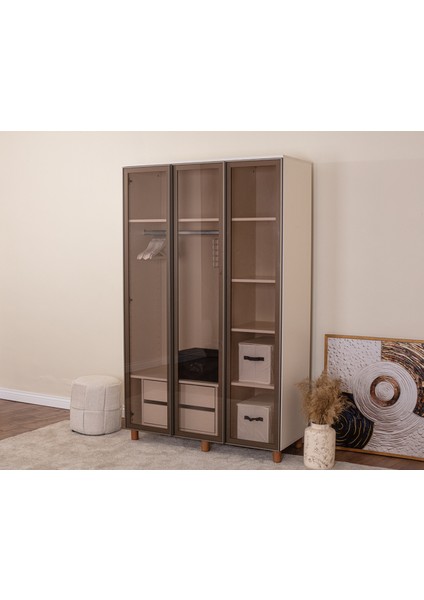 İtra 3 Kapaklı Gardırop – Krem Gövde, Camlı Kapak