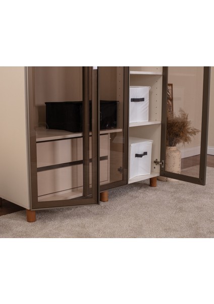 İtra 3 Kapaklı Gardırop – Krem Gövde, Camlı Kapak