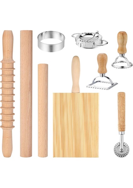 9 Parça Makarna Yapma Aletleri Seti, Ahşap Oklava, Hamur Kesme Tekerleği (Yurt Dışından)