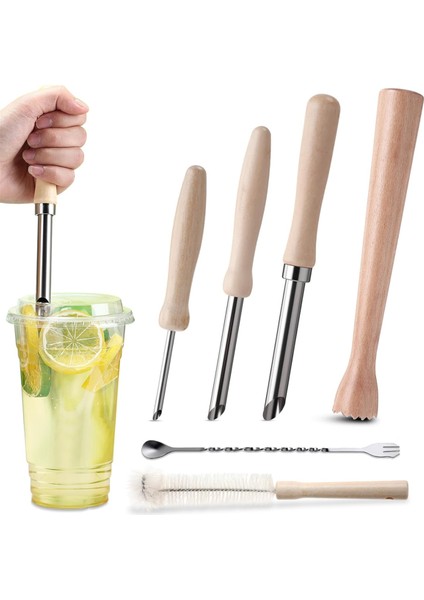 6 Parça Limonata Içecek Alet Seti 3 Boyut Ahşap Pipet Delgeç (Yurt Dışından)