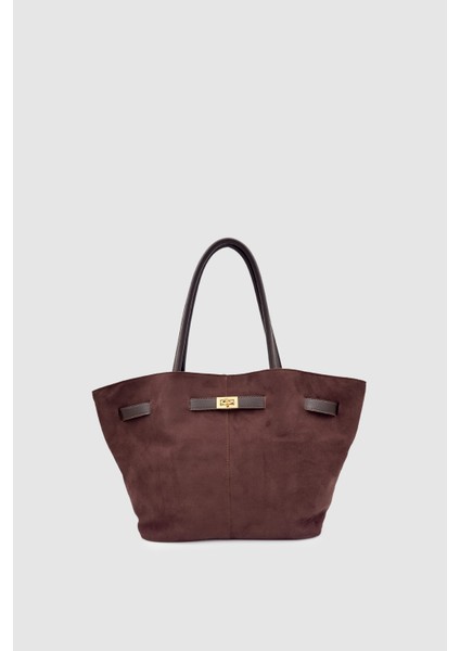 Ferny Kemer, Toka ve Dikiş Detaylı Süet Kol ve Omuz Çantası Acı Kahve