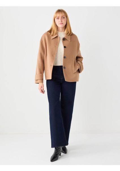 Deve Tüyü Rahat Kesim Kruvaze Yaka Yün Karışımlı Kaşe Kaban modelleri