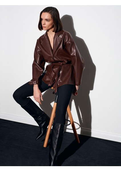 50533 Kemerli Suni Deri Ceket-Açık Kahve