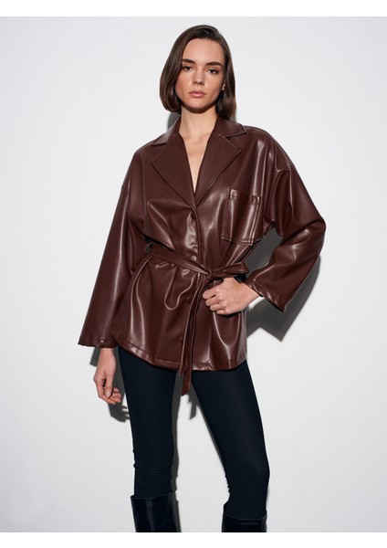 50533 Kemerli Suni Deri Ceket-Açık Kahve modelleri