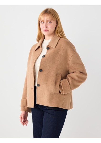 Deve Tüyü Rahat Kesim Kruvaze Yaka Yün Karışımlı Kaşe Kaban fırsatları