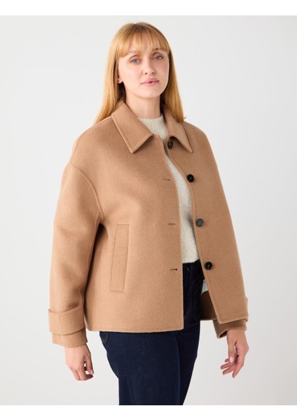 Deve Tüyü Rahat Kesim Kruvaze Yaka Yün Karışımlı Kaşe Kaban indirimleri