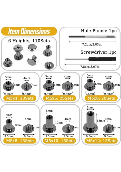 Çeşitli Cilt Vidaları Seti, M5X4/5/6/8/10/12MM Kitap Cilt Perçinleri (Yurt Dışından) fiyatları