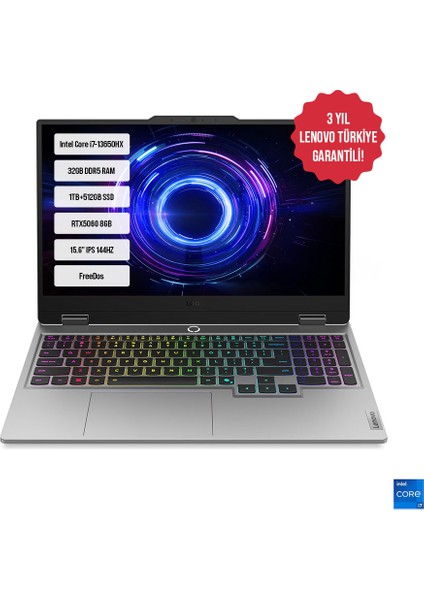Loq 15IRX10 83JE00J5TR-07 I7-13650HX 32GB Ddr5 1TB+512GB SSD RTX5060-8GB 15.6" IPS 144Hz Freedos