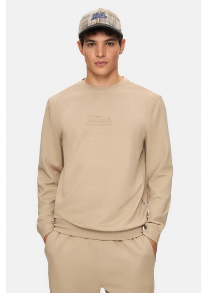 Machado Koyu Bej Bisiklet Yaka Gofre Baskı Standard Fit Erkek Sweatshirt