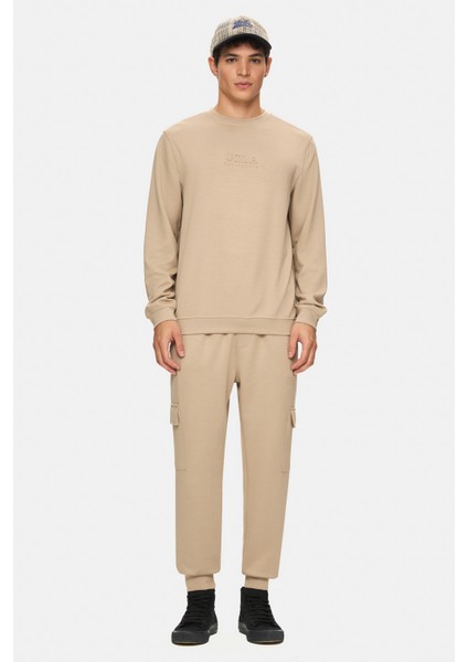 Machado Koyu Bej Bisiklet Yaka Gofre Baskı Standard Fit Erkek Sweatshirt fırsatları