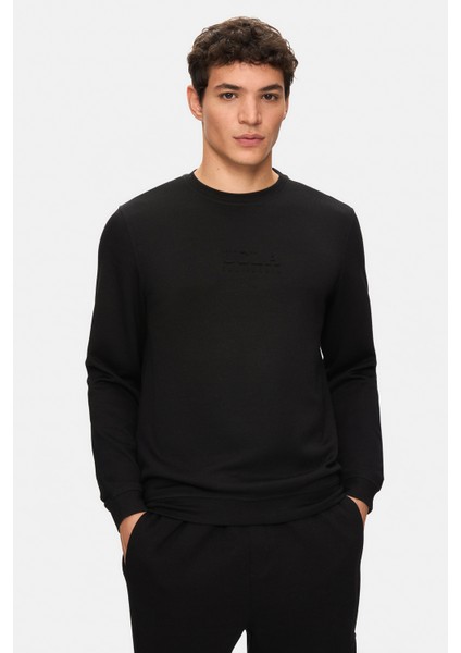 Machado Siyah Bisiklet Yaka Gofre Baskı Standard Fit Erkek Sweatshirt